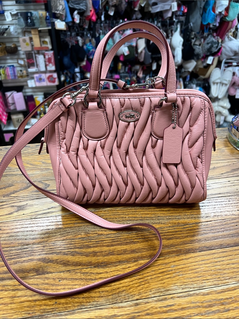 COACH | Mini Nolita gathered leather satchel crossbody purse hand bag dusty pink